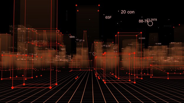 Representación 3D ciudad digital tecnológica abstracta a partir de datos en el ciberespacio, almacenamiento de información en el espacio de información