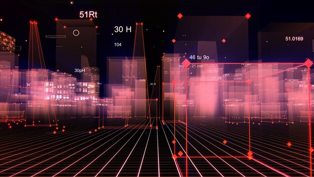 Representación 3D ciudad digital tecnológica abstracta a partir de datos en el ciberespacio, almacenamiento de información en el espacio de información