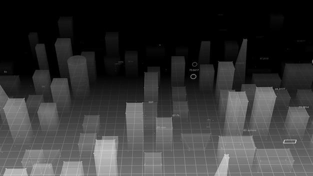 Representación 3D ciudad digital tecnológica abstracta a partir de datos en el ciberespacio, almacenamiento de información en el espacio de información
