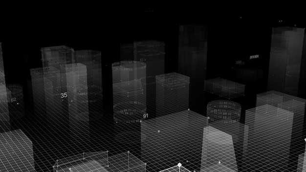 Representación 3D ciudad digital tecnológica abstracta a partir de datos en el ciberespacio, almacenamiento de información en el espacio de información