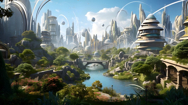 Representación 3D de una ciudad de fantasía con un estanque y un puente