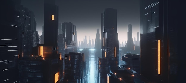 Representación 3D de una ciudad futurista en la noche con un tema de ciencia ficción