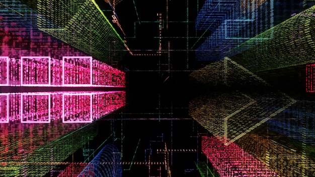 Representación 3D de ciudad virtual abstracta dentro de un sistema informático Holograma 3D Big Data Digital City