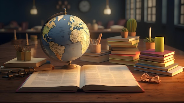 Una representación en 3D de una clase de idiomas con libros en varios idiomas y un mapa del mundo