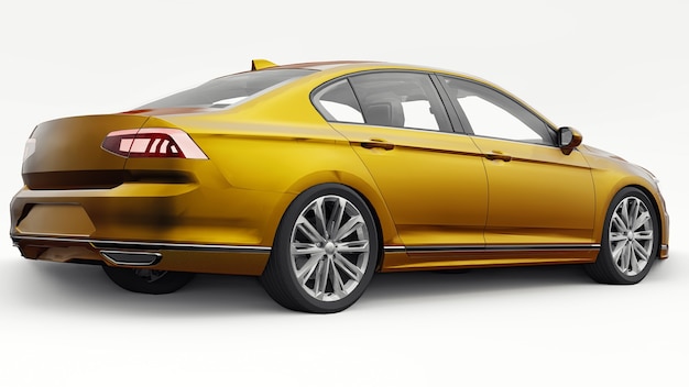 Representación 3D de un coche naranja genérico sin marca en un entorno de estudio blanco.