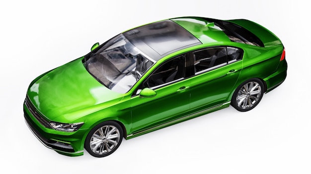 Representación 3D de un coche verde genérico sin marca en un entorno de estudio blanco.