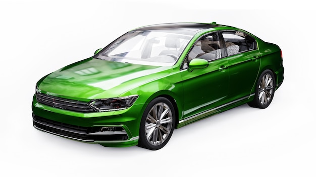 Representación 3D de un coche verde genérico sin marca en un entorno de estudio blanco.