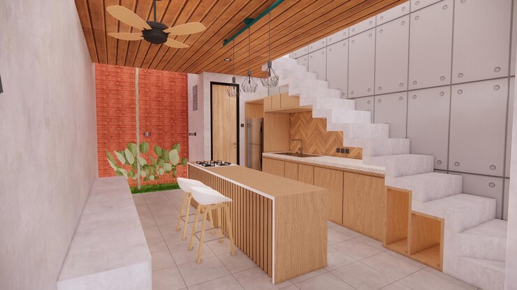 Una representación en 3D de una cocina con una escalera que conduce al segundo piso.