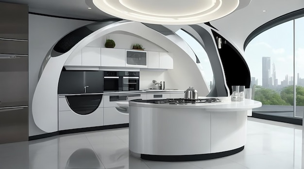 Representación 3D de cocina futurista de alta tecnología y diseño de cocina moderna