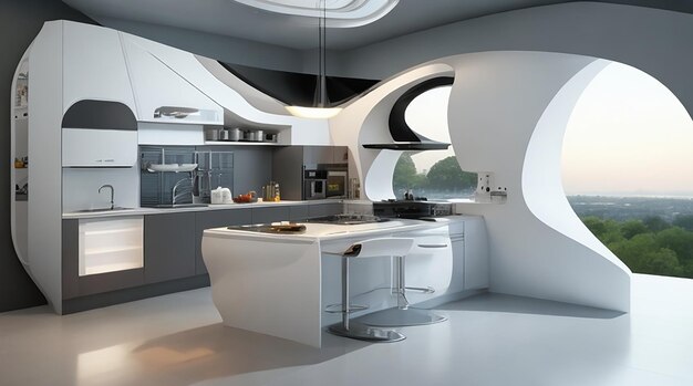 Representación 3D de cocina futurista de alta tecnología y diseño de cocina moderna