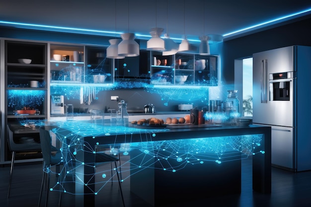 Representación 3d de una cocina moderna azul con red tecnológica en la pared Un interior de cocina inteligente con conexiones de red brillantes holograma de tecnología digital generado por IA