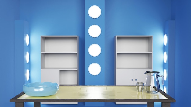 Representación 3D Cocina vacía dentro de la pared azul pastel Maqueta Arte de la pared Ilustración Resumen