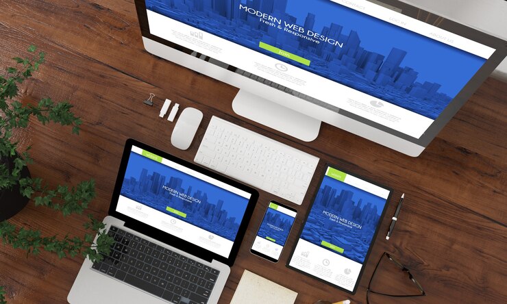 Foto representación 3d de la colección de vista superior de los dispositivos con un sitio web fresco y moderno en la pantalla