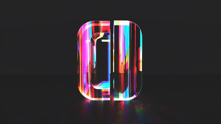 Foto una representación en 3d de un colorido símbolo luminoso futurista sobre un fondo negro