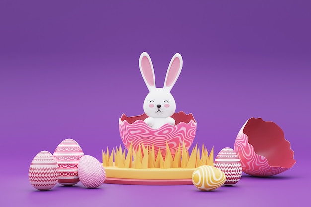 Representación 3D de coloridos huevos de Pascua con conejito sobre fondo morado. Feliz Pascua concepto.