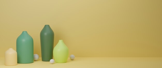 Representación 3D, coloridos jarrones de cerámica mínima y olla sobre fondo amarillo con espacio de copia, ilustración 3D, decoración del hogar