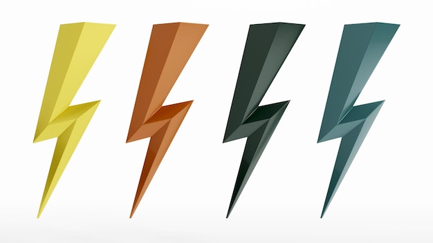 Foto representación 3d de coloridos truenos e iluminación de pernos iconos fash establecer icono de símbolo de rayo en fondo blanco aislado