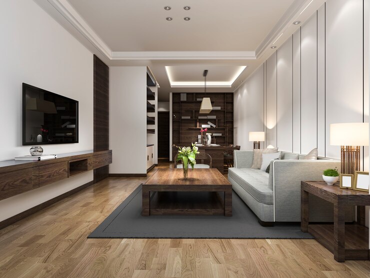 Foto representación 3d de comedor y sala de estar modernos con decoración de lujo