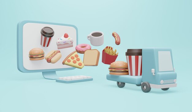 Representación 3D de comida en computadora que vuela al concepto de camión de entrega de pedir comida en línea. Ilustración 3D estilo de dibujos animados mínimo.
