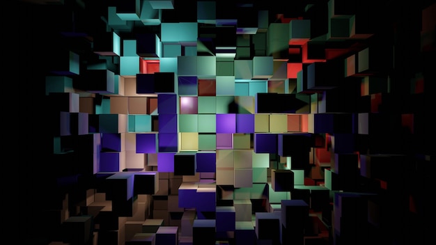 Representación 3D compleja de estructura de bloques aleatorios de colores