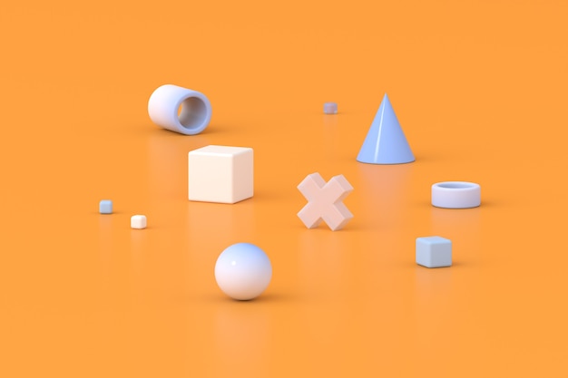 Representación 3D de composición geométrica sobre fondo naranja.