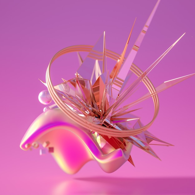 Representación 3D de una composición realista. Esferas voladoras, toros, tubos, conos y cristales en movimiento. Minimalismo de fondo de abstracción hermosa. Ilustración 3d, renderizado 3d.
