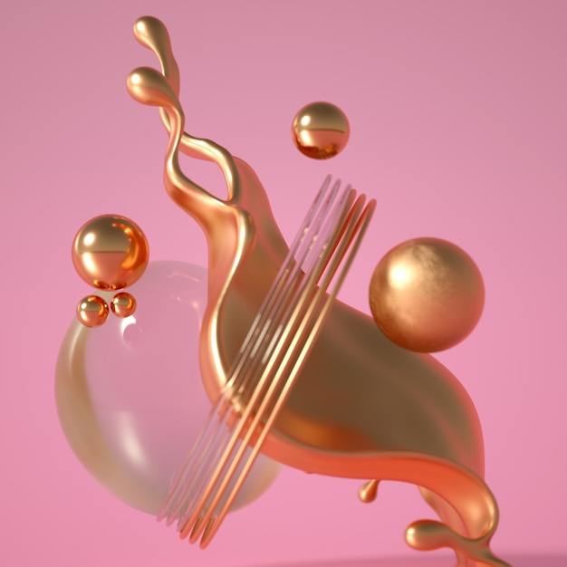 Representación 3D de una composición realista. Esferas voladoras, toros, tubos, conos y cristales en movimiento. Minimalismo de fondo de abstracción hermosa. Ilustración 3d, renderizado 3d.