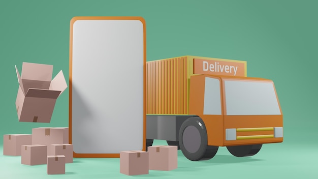 Representación 3D de compras en línea y concepto logístico Smartphone con caja y camión de reparto