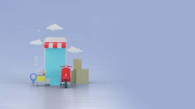 Representación 3D de compras en línea para redes sociales con Vespa Merah y tiendas de teléfonos inteligentes Diseño premium para carteles publicitarios y plantillas de publicaciones en redes sociales