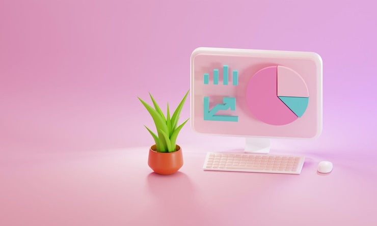 Foto representación 3d de una computadora mínima en exhibición para maqueta y planta sobre fondo rosa pastel
