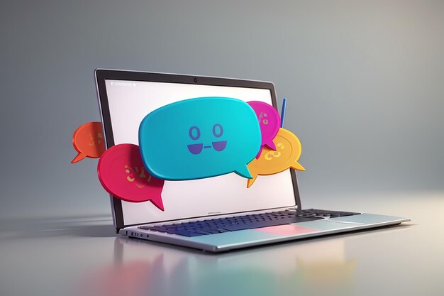 Representación 3D de una computadora portátil con burbujas de discurso en colores, concepto de opinión de chat en línea