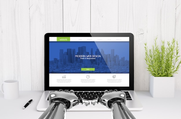 Representación 3D de una computadora portátil con pantalla de diseño web en la mesa