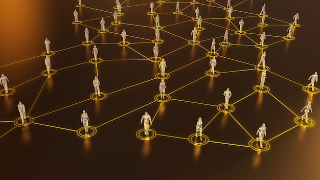 Representación 3D con comunicación social y concepto de red con modelos 3D de personas