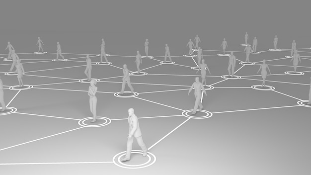 Representación 3D con comunicación social y concepto de red con modelos 3D de personas