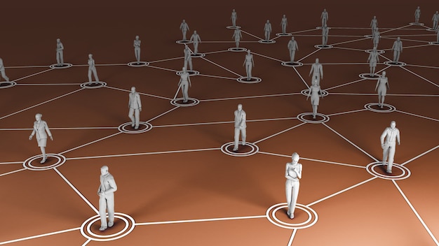 Representación 3D con comunicación social y concepto de red con modelos 3D de personas