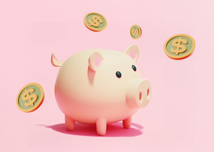 Representación 3D del concepto de ahorro de dinero alcancía con monedas