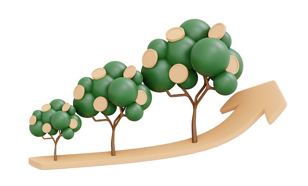 Representación 3D del concepto de árbol de dinero del mercado de valores de inversión aislado en el estilo de dibujos animados de ilustración de fondo blanco 3D Render