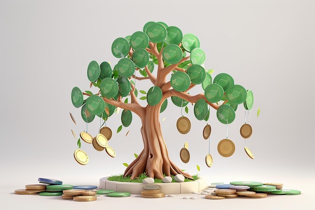 Representación 3D del concepto de árbol de dinero del mercado de valores de inversión aislado sobre fondo blanco Ilustración de representación 3D estilo de dibujos animados