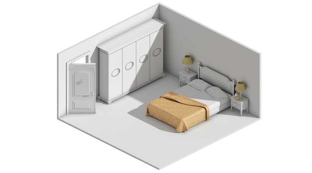 Representación 3D de un concepto de dormitorio con armario de cuatro puertas