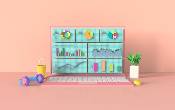Foto representación 3d del concepto de gráfico de barras de marketing digital de computadora portátil de redes sociales
