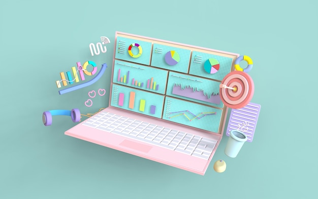 Representación 3d del concepto de gráfico de barras de marketing digital de computadora portátil de redes sociales