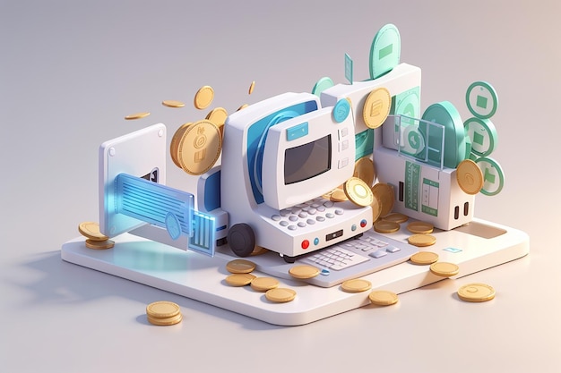 Representación 3D del concepto de pago en línea de tecnología de transferencia de dinero aislada sobre fondo blanco Ilustración de representación 3D estilo de dibujos animados