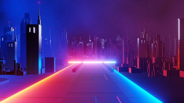 Representación 3d del concepto de paisaje de la ciudad de la noche cibernética Luz brillando en la escena oscura Vida nocturna Red de tecnología para 5g Más allá de la generación y futurista de la ciudad capital de SciFi y la escena de la construcción