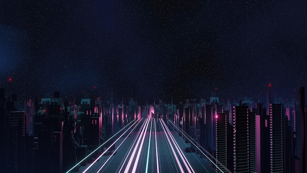 Representación 3d del concepto de paisaje de la ciudad de la noche cibernética Luz brillando en la escena oscura Vida nocturna Red de tecnología para 5g Más allá de la generación y futurista de la ciudad capital de SciFi y la escena de la construcción
