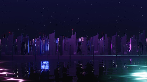 Representación 3d del concepto de paisaje de la ciudad de la noche cibernética Luz brillando en la escena oscura Vida nocturna Red de tecnología para 5g Más allá de la generación y futurista de la ciudad capital de SciFi y la escena de la construcción
