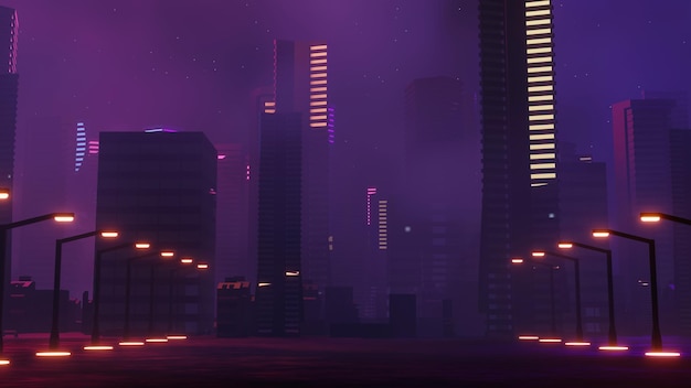 Representación 3d del concepto de paisaje de la ciudad nocturna de Cyber punk Luz que brilla intensamente en la escena oscura Vida nocturna Red de tecnología para 5g Más allá de la generación y futurista de SciFi Ciudad capital y escena de construcción