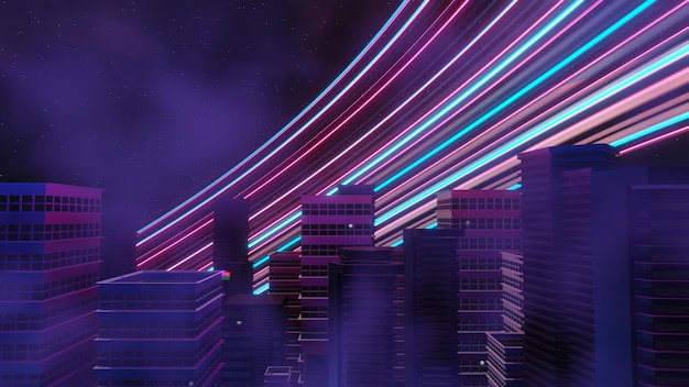 Representación 3d del concepto de paisaje de la ciudad nocturna de Cyber punk Luz que brilla intensamente en la escena oscura Vida nocturna Red de tecnología para 5g Más allá de la generación y futurista de SciFi Ciudad capital y escena de construcción