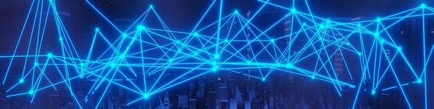 Representación 3d del concepto de paisaje de la ciudad nocturna de Cyber punk Luz que brilla intensamente en la escena oscura Vida nocturna Red de tecnología para 5g Más allá de la generación y futurista de SciFi Ciudad capital y escena de construcción