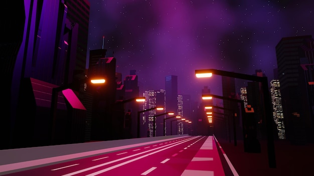 Representación 3d del concepto de paisaje de la ciudad nocturna de Cyber punk Luz que brilla intensamente en la escena oscura Vida nocturna Red de tecnología para 5g Más allá de la generación y futurista de SciFi Ciudad capital y escena de construcción