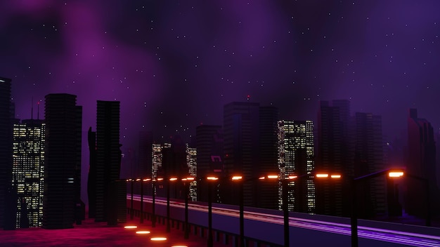 Representación 3d del concepto de paisaje de la ciudad nocturna de Cyber punk Luz que brilla intensamente en la escena oscura Vida nocturna Red de tecnología para 5g Más allá de la generación y futurista de SciFi Ciudad capital y escena de construcción